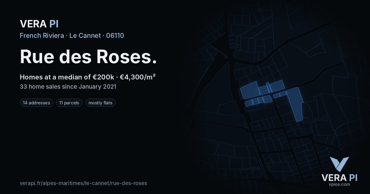 Rue des Roses, Le Cannet at night – every parcel coloured by the prices around it, the street's own parcels lit