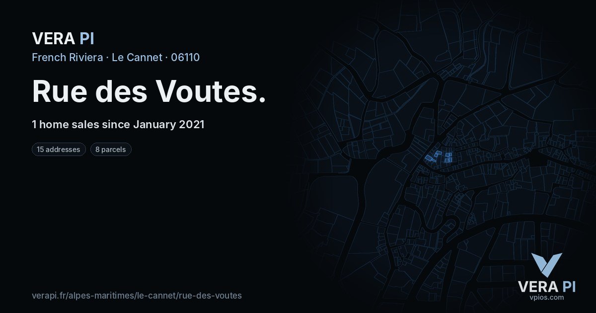 Rue des Voutes, Le Cannet at night – every parcel coloured by the prices around it, the street's own parcels lit