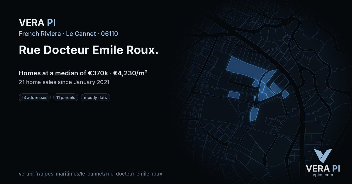 Rue Docteur Emile Roux, Le Cannet at night – every parcel coloured by the prices around it, the street's own parcels lit