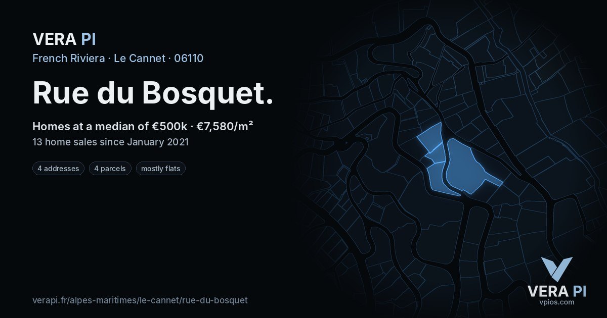 Rue du Bosquet, Le Cannet at night – every parcel coloured by the prices around it, the street's own parcels lit