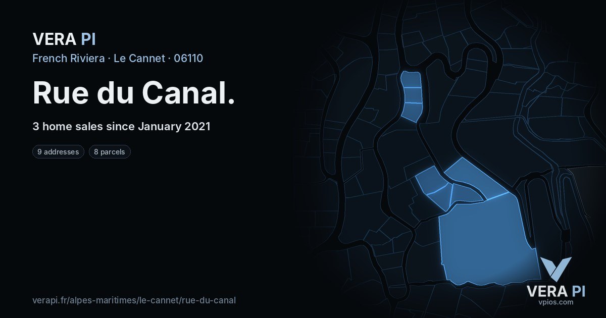 Rue du Canal, Le Cannet at night – every parcel coloured by the prices around it, the street's own parcels lit