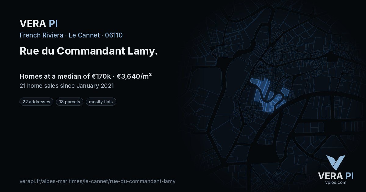 Rue du Commandant Lamy, Le Cannet at night – every parcel coloured by the prices around it, the street's own parcels lit