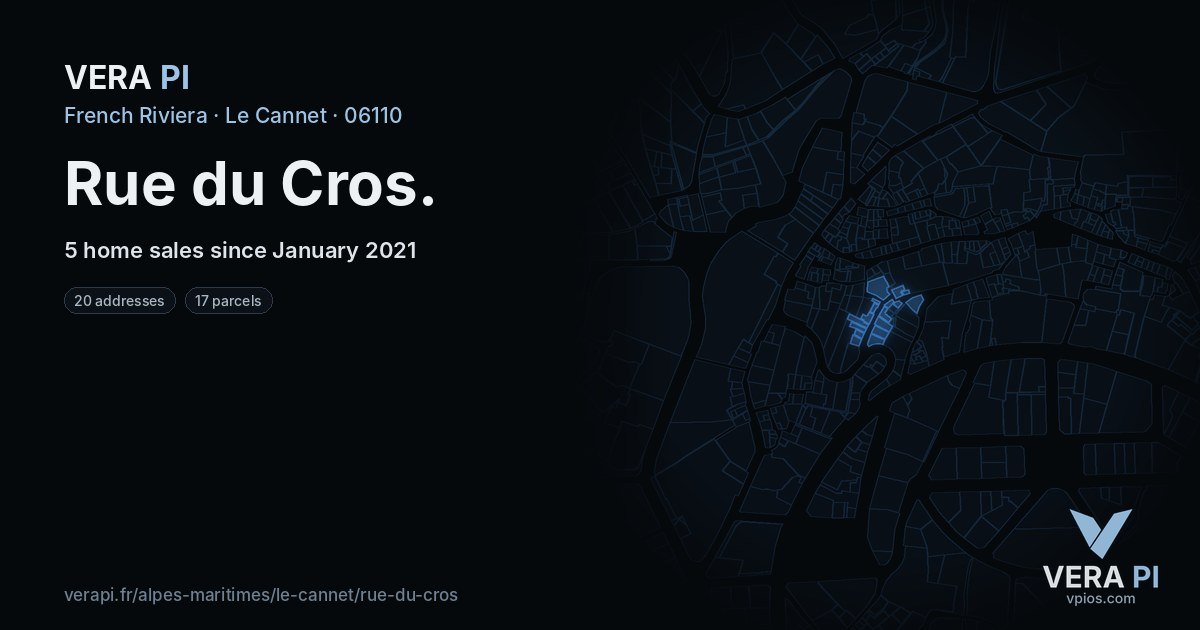 Rue du Cros, Le Cannet at night – every parcel coloured by the prices around it, the street's own parcels lit