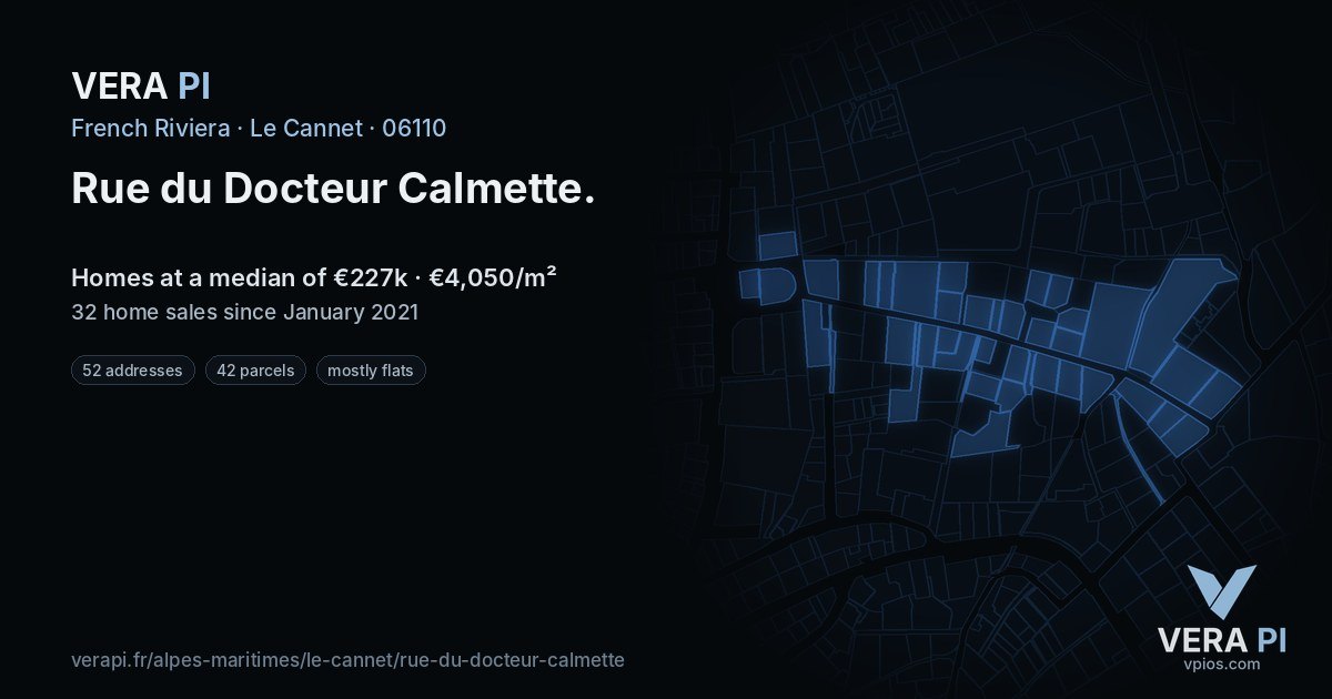 Rue du Docteur Calmette, Le Cannet at night – every parcel coloured by the prices around it, the street's own parcels lit