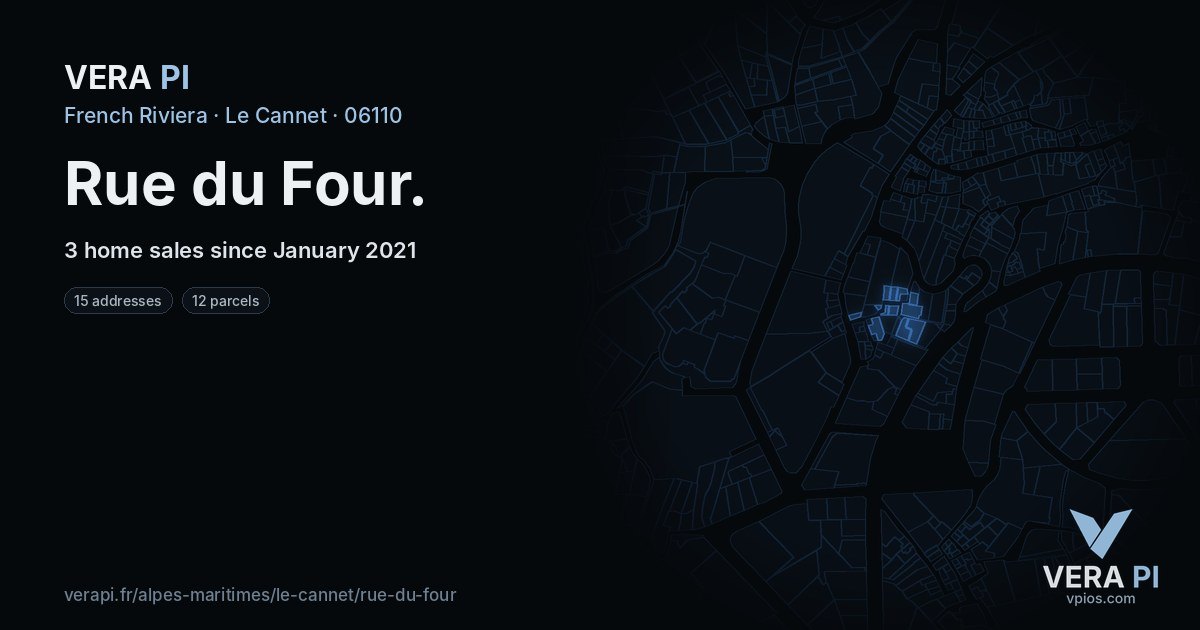 Rue du Four, Le Cannet at night – every parcel coloured by the prices around it, the street's own parcels lit