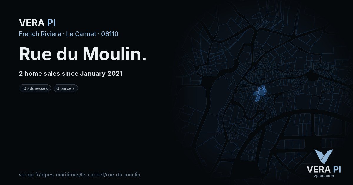 Rue du Moulin, Le Cannet at night – every parcel coloured by the prices around it, the street's own parcels lit