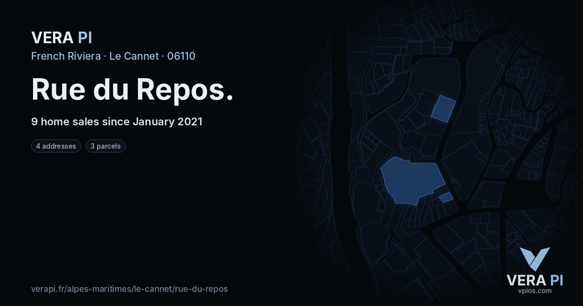 Rue du Repos, Le Cannet at night – every parcel coloured by the prices around it, the street's own parcels lit