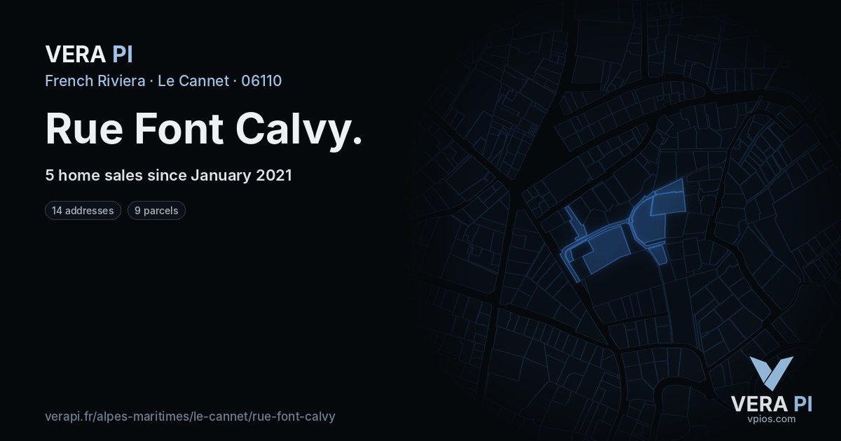 Rue Font Calvy, Le Cannet at night – every parcel coloured by the prices around it, the street's own parcels lit