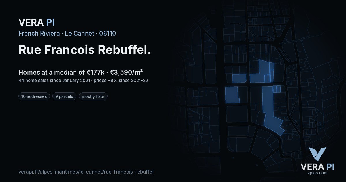 Rue Francois Rebuffel, Le Cannet at night – every parcel coloured by the prices around it, the street's own parcels lit