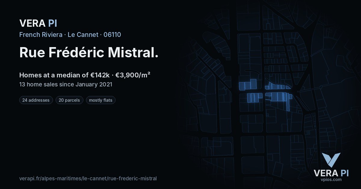 Rue Frédéric Mistral, Le Cannet at night – every parcel coloured by the prices around it, the street's own parcels lit