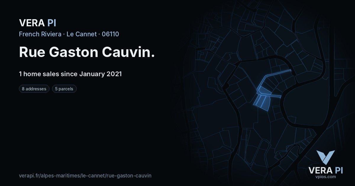 Rue Gaston Cauvin, Le Cannet at night – every parcel coloured by the prices around it, the street's own parcels lit