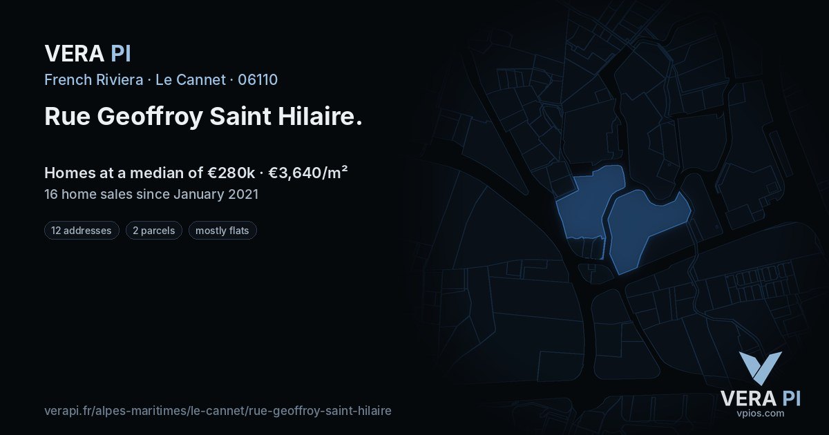 Rue Geoffroy Saint Hilaire, Le Cannet at night – every parcel coloured by the prices around it, the street's own parcels lit