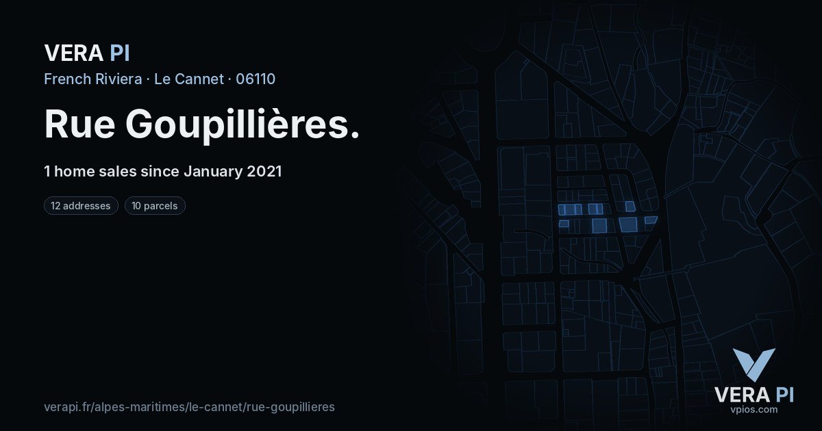 Rue Goupillières, Le Cannet at night – every parcel coloured by the prices around it, the street's own parcels lit