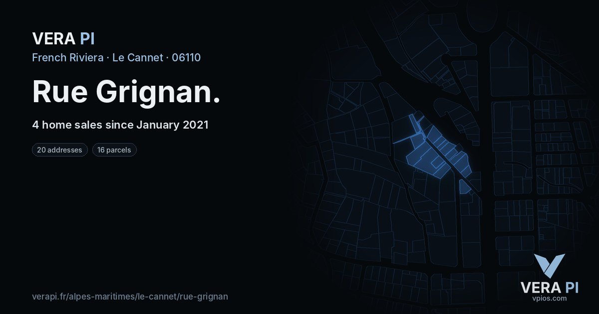 Rue Grignan, Le Cannet at night – every parcel coloured by the prices around it, the street's own parcels lit