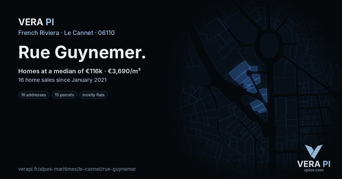 Rue Guynemer, Le Cannet at night – every parcel coloured by the prices around it, the street's own parcels lit