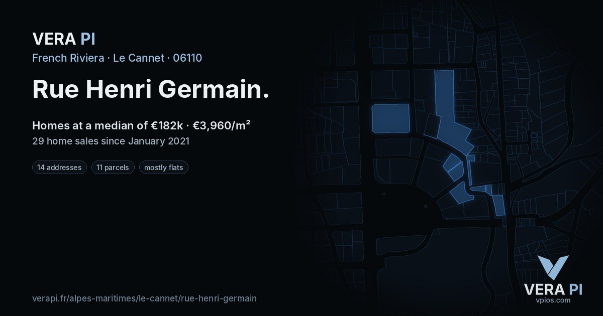 Rue Henri Germain, Le Cannet at night – every parcel coloured by the prices around it, the street's own parcels lit