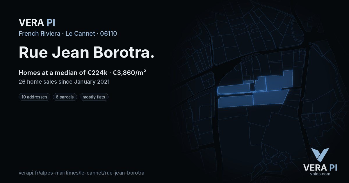 Rue Jean Borotra, Le Cannet at night – every parcel coloured by the prices around it, the street's own parcels lit