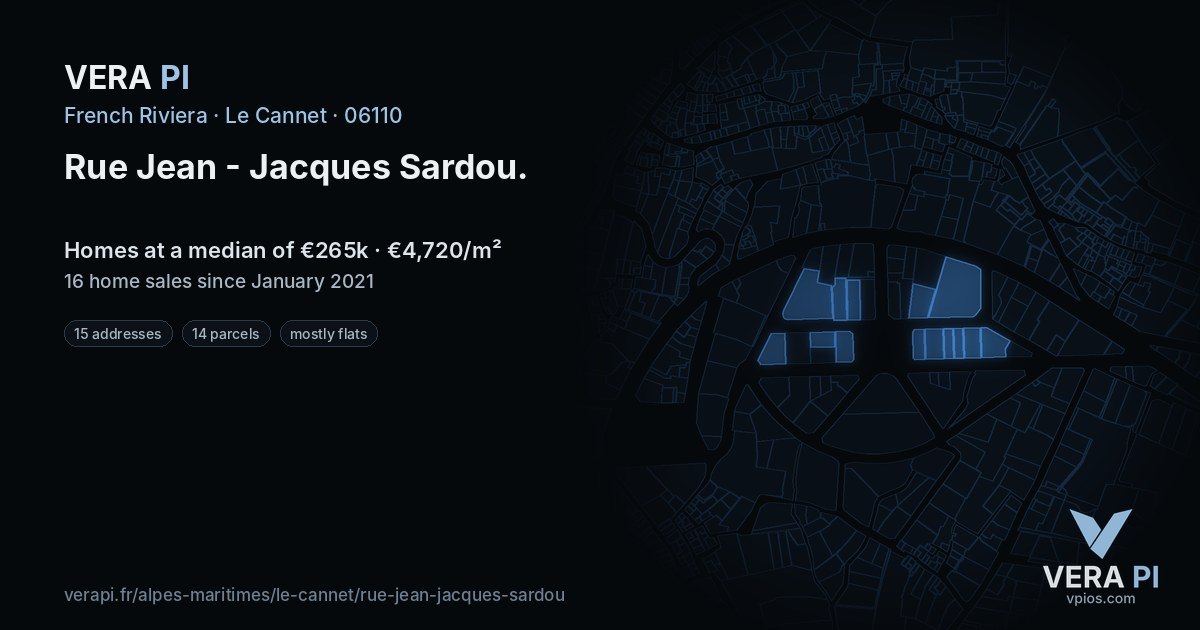 Rue Jean - Jacques Sardou, Le Cannet at night – every parcel coloured by the prices around it, the street's own parcels lit