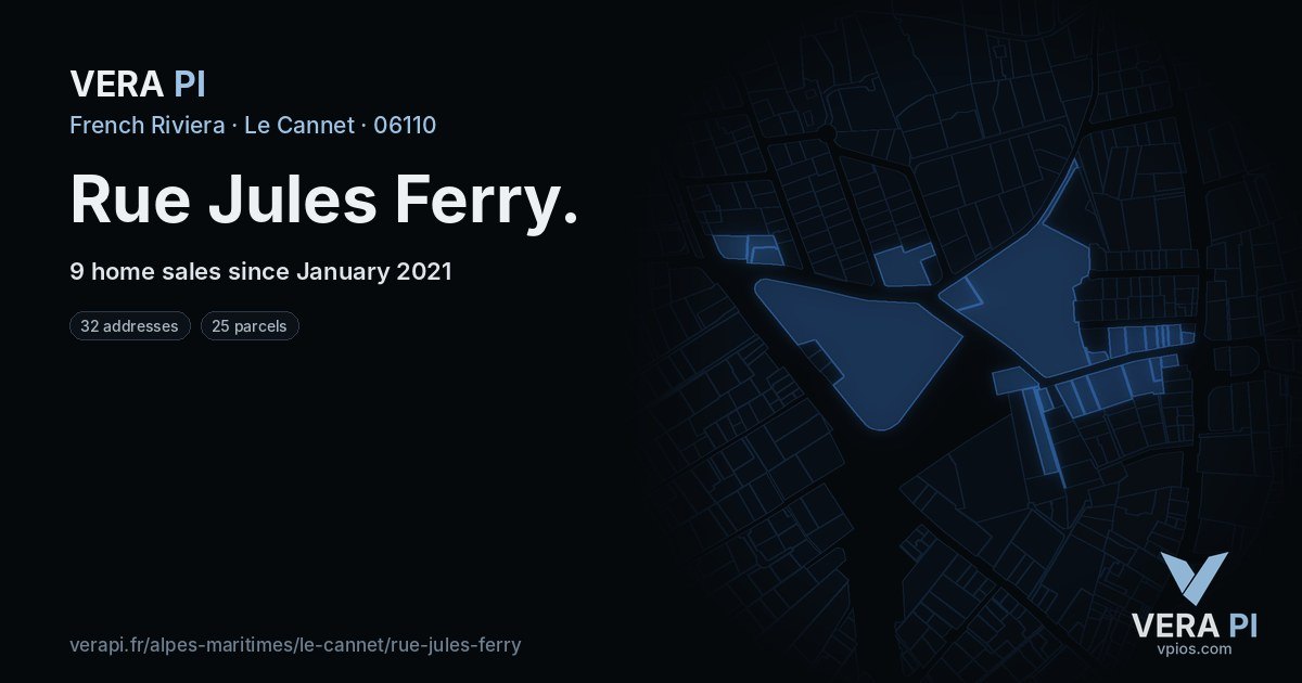 Rue Jules Ferry, Le Cannet at night – every parcel coloured by the prices around it, the street's own parcels lit