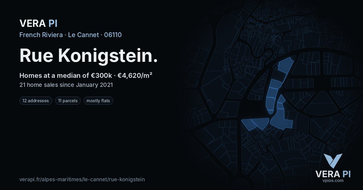 Rue Konigstein, Le Cannet at night – every parcel coloured by the prices around it, the street's own parcels lit