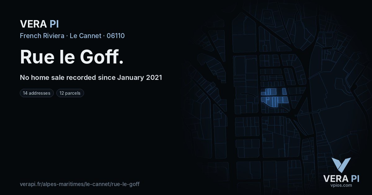 Rue le Goff, Le Cannet at night – every parcel coloured by the prices around it, the street's own parcels lit
