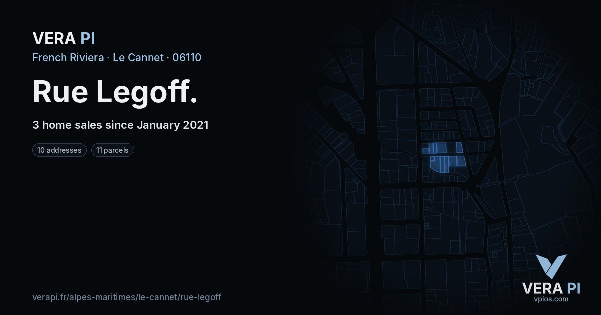 Rue Legoff, Le Cannet at night – every parcel coloured by the prices around it, the street's own parcels lit