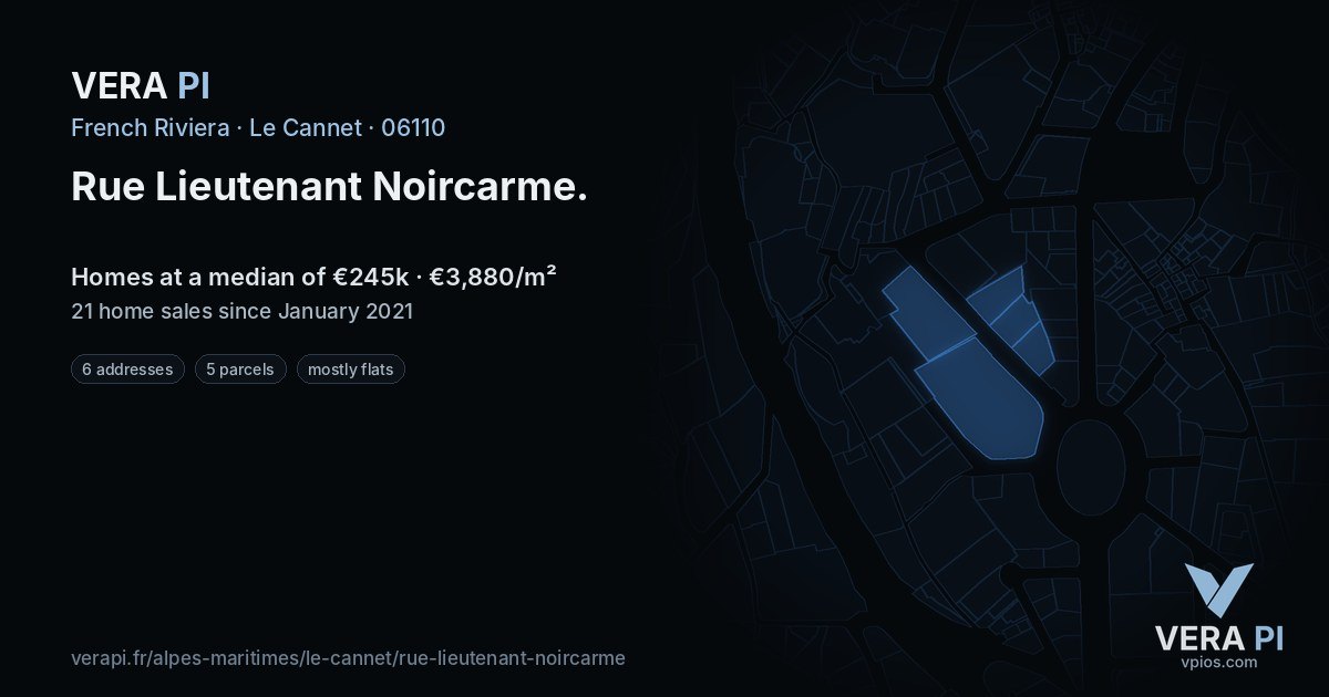 Rue Lieutenant Noircarme, Le Cannet at night – every parcel coloured by the prices around it, the street's own parcels lit
