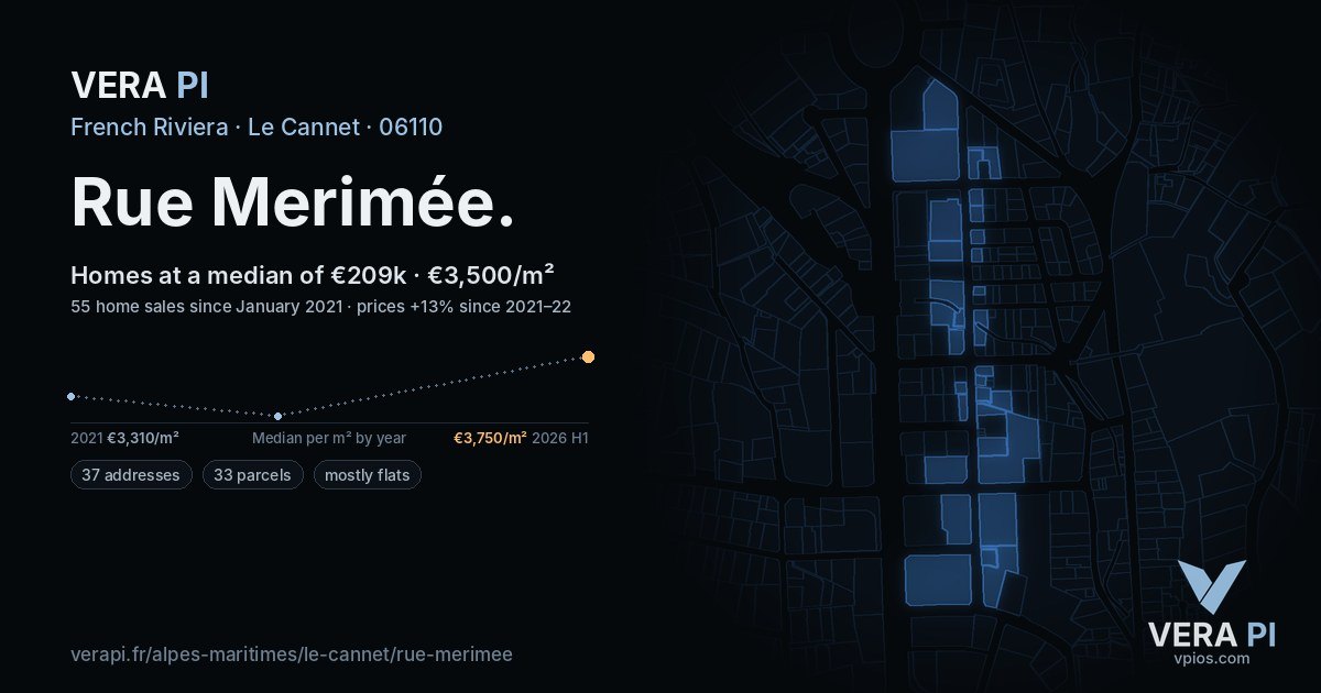 Rue Merimée, Le Cannet at night – every parcel coloured by the prices around it, the street's own parcels lit