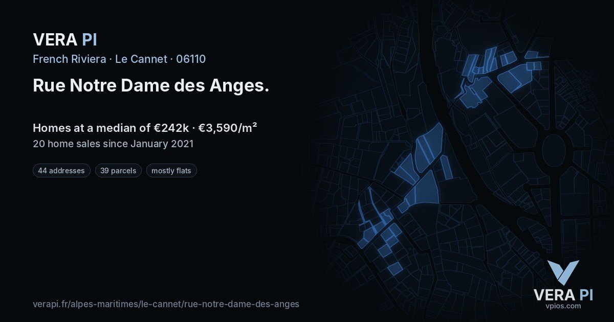 Rue Notre Dame des Anges, Le Cannet at night – every parcel coloured by the prices around it, the street's own parcels lit