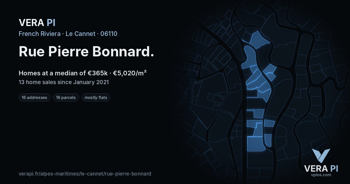 Rue Pierre Bonnard, Le Cannet at night – every parcel coloured by the prices around it, the street's own parcels lit