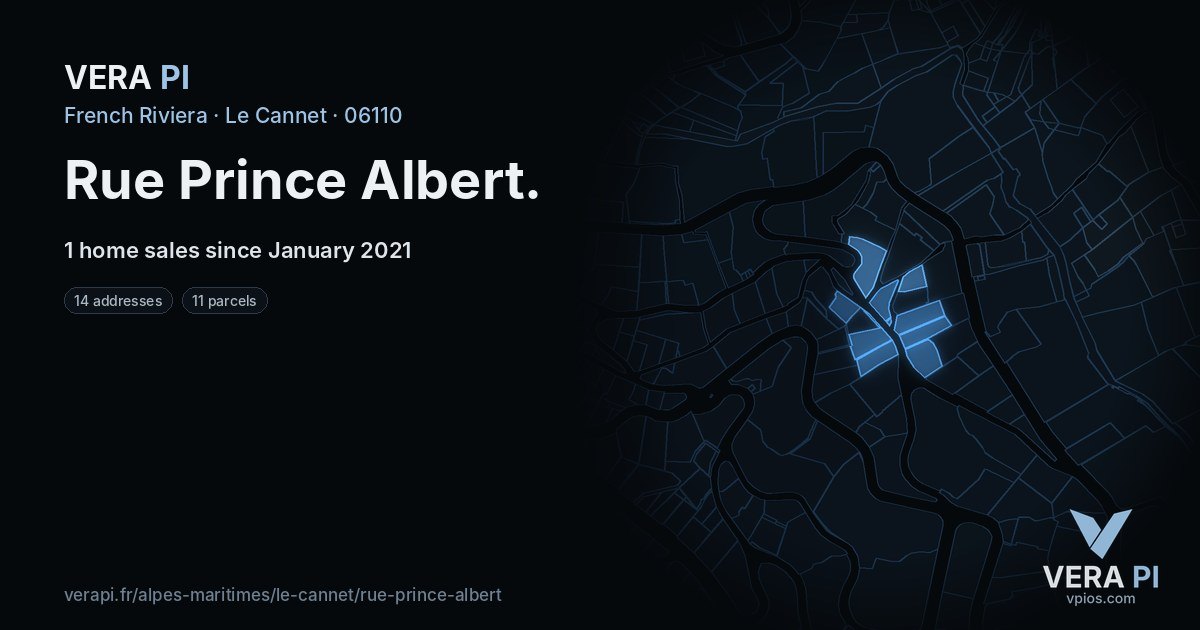Rue Prince Albert, Le Cannet at night – every parcel coloured by the prices around it, the street's own parcels lit