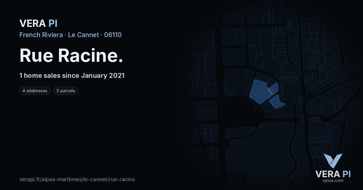 Rue Racine, Le Cannet at night – every parcel coloured by the prices around it, the street's own parcels lit