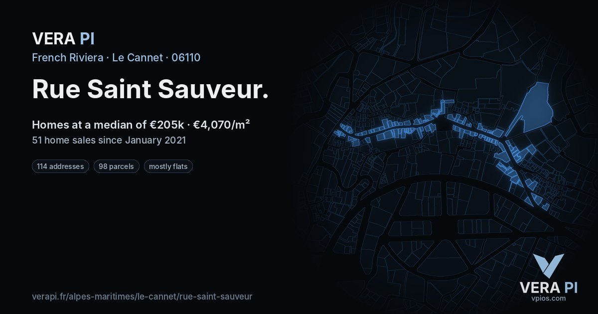 Rue Saint Sauveur, Le Cannet at night – every parcel coloured by the prices around it, the street's own parcels lit
