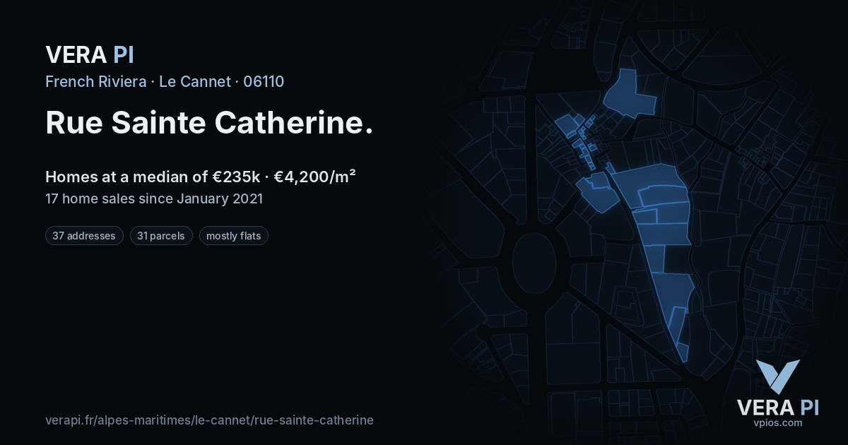 Rue Sainte Catherine, Le Cannet at night – every parcel coloured by the prices around it, the street's own parcels lit