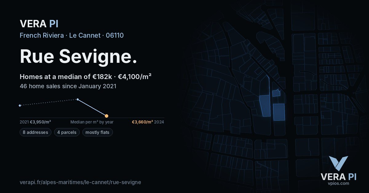 Rue Sevigne, Le Cannet at night – every parcel coloured by the prices around it, the street's own parcels lit