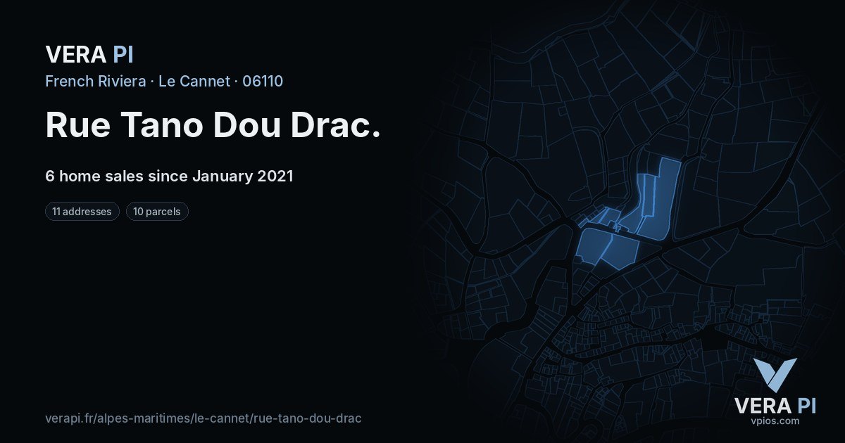 Rue Tano Dou Drac, Le Cannet at night – every parcel coloured by the prices around it, the street's own parcels lit