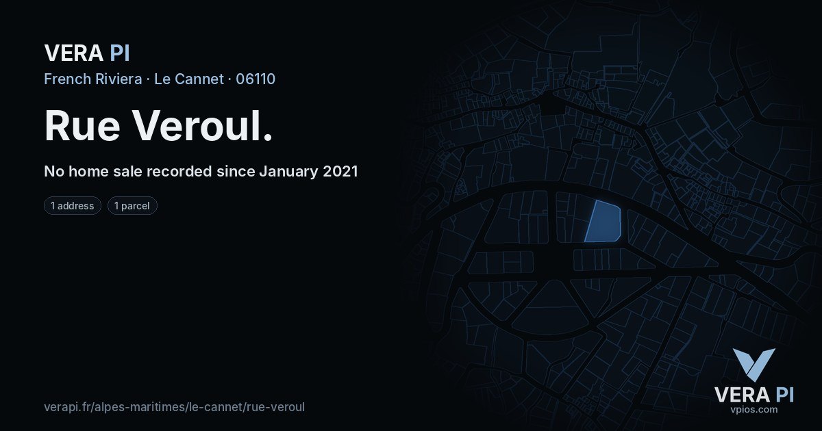 Rue Veroul, Le Cannet at night – every parcel coloured by the prices around it, the street's own parcels lit