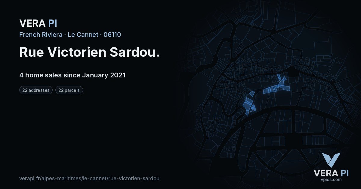 Rue Victorien Sardou, Le Cannet at night – every parcel coloured by the prices around it, the street's own parcels lit