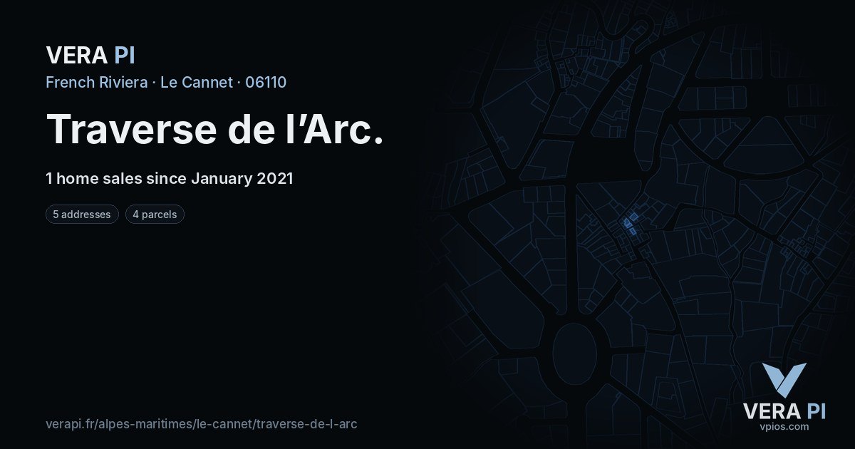 Traverse de l’Arc, Le Cannet at night – every parcel coloured by the prices around it, the street's own parcels lit