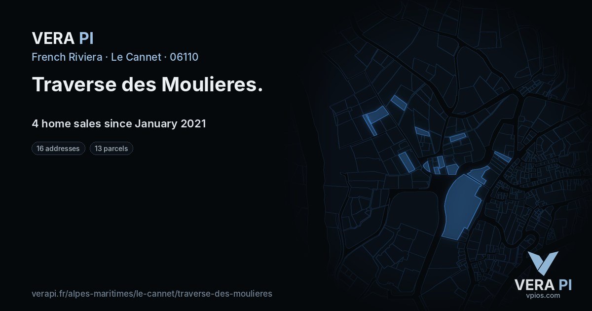 Traverse des Moulieres, Le Cannet at night – every parcel coloured by the prices around it, the street's own parcels lit