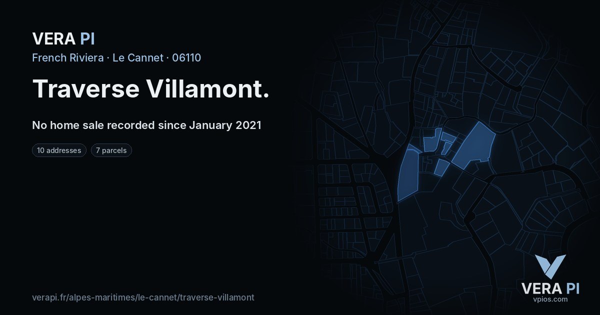 Traverse Villamont, Le Cannet at night – every parcel coloured by the prices around it, the street's own parcels lit