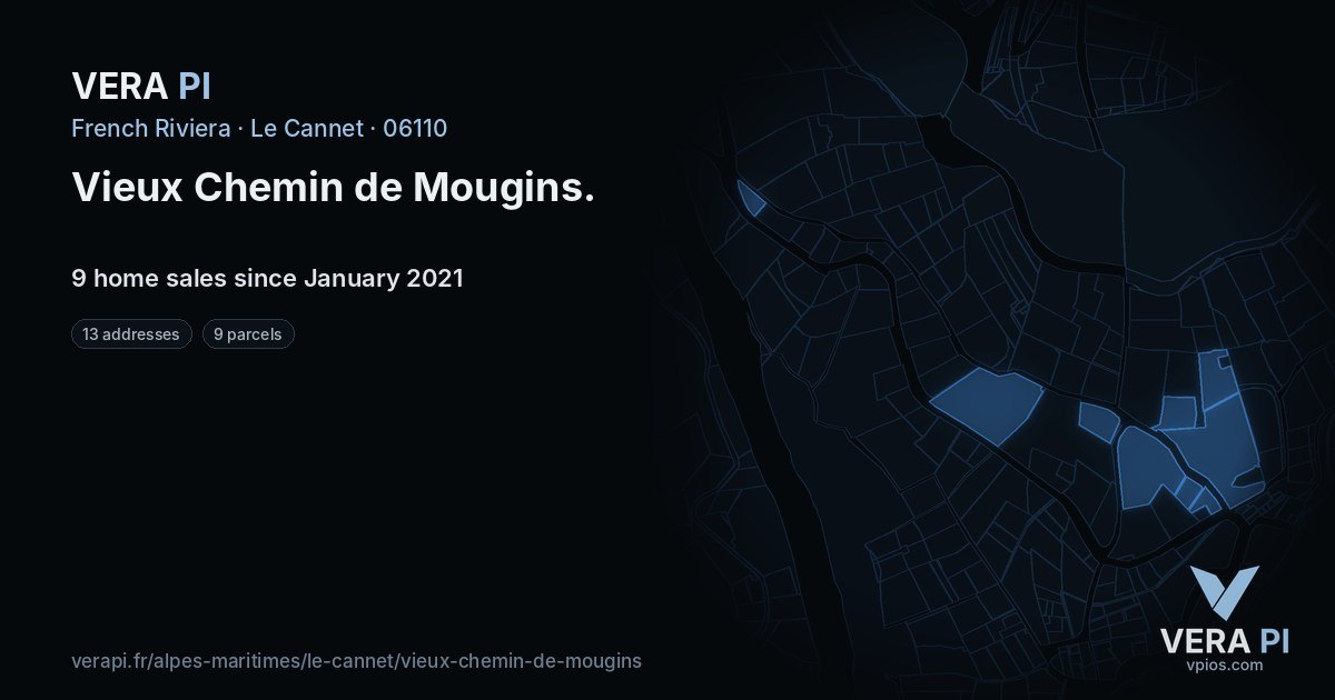 Vieux Chemin de Mougins, Le Cannet at night – every parcel coloured by the prices around it, the street's own parcels lit