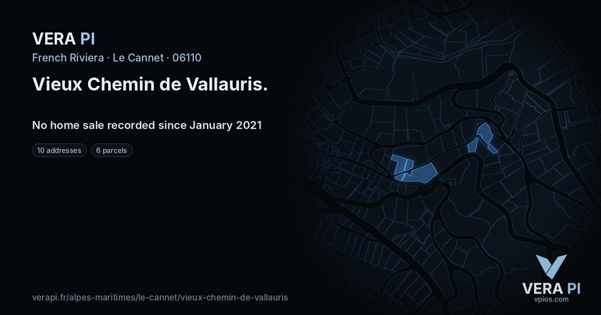 Vieux Chemin de Vallauris, Le Cannet at night – every parcel coloured by the prices around it, the street's own parcels lit