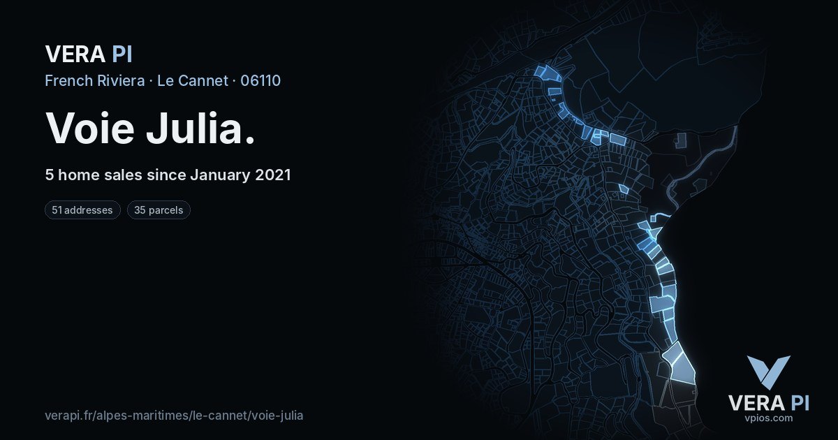Voie Julia, Le Cannet at night – every parcel coloured by the prices around it, the street's own parcels lit