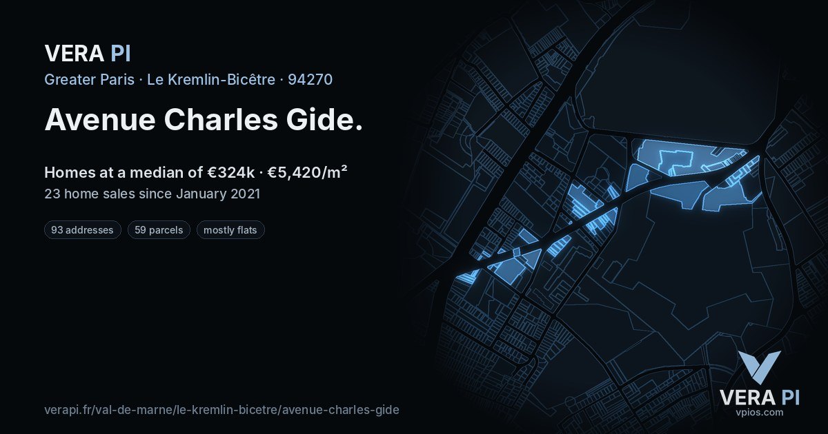 Avenue Charles Gide, Le Kremlin-Bicêtre at night – every parcel coloured by the prices around it, the street's own parcels lit