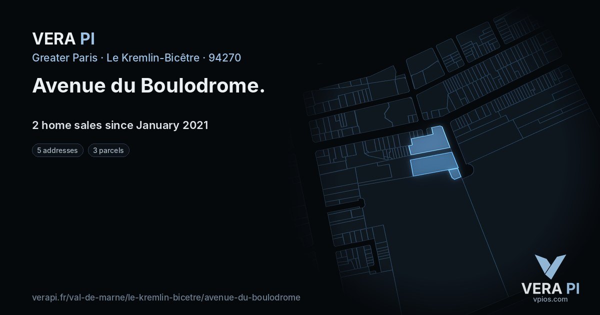 Avenue du Boulodrome, Le Kremlin-Bicêtre at night – every parcel coloured by the prices around it, the street's own parcels lit
