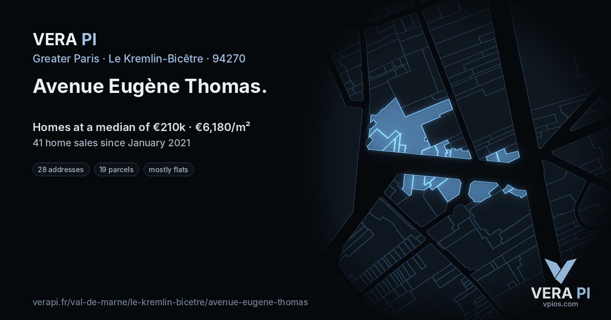 Avenue Eugène Thomas, Le Kremlin-Bicêtre at night – every parcel coloured by the prices around it, the street's own parcels lit
