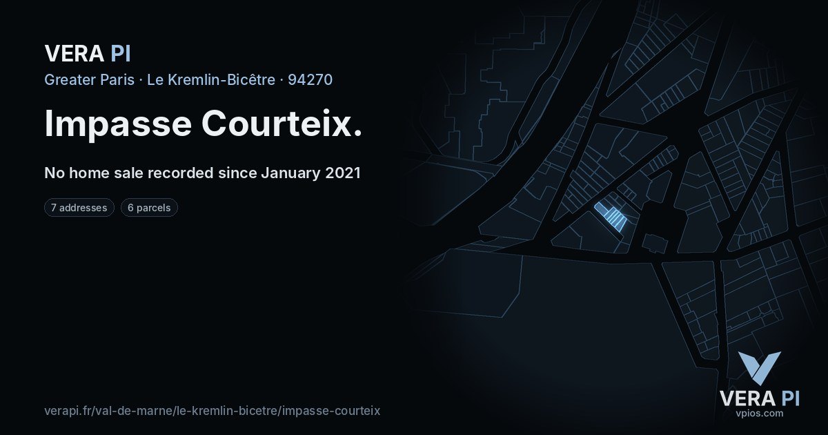 Impasse Courteix, Le Kremlin-Bicêtre at night – every parcel coloured by the prices around it, the street's own parcels lit