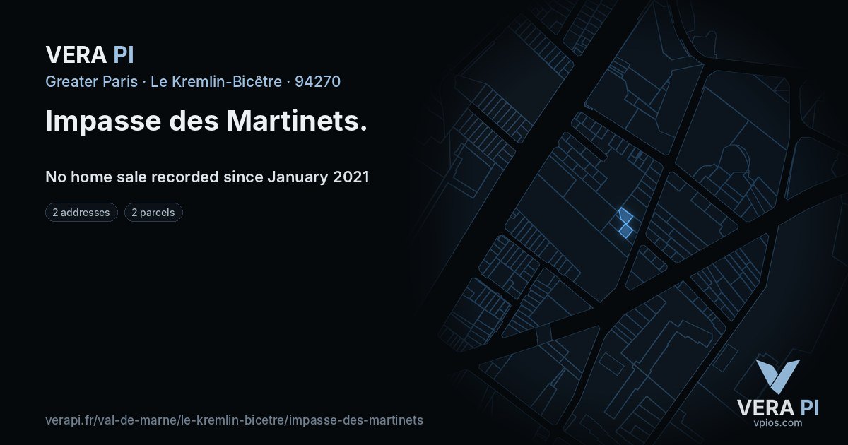 Impasse des Martinets, Le Kremlin-Bicêtre at night – every parcel coloured by the prices around it, the street's own parcels lit
