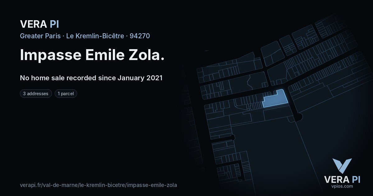 Impasse Emile Zola, Le Kremlin-Bicêtre at night – every parcel coloured by the prices around it, the street's own parcels lit